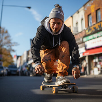 Detailed photograph capturing a stylish skateboarder effortlessly cruising the city streets with skill and urban flair.