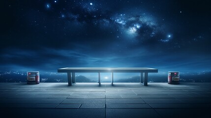 an empty table under the starry sky, with the ethereal lights from a blurred Petrol station creating a dramatic backdrop for an otherworldly product display