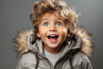 Portrait of young happy little caucasian boy wearing fur hooded winter coat sweater on studio background with copy space. Education childhood lifestyle, winter cold banner