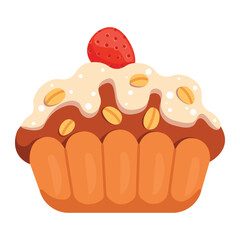 Delicious cupcake with frosting, peanuts, and strawberry. Dessert for Valentine's Day, Birthday or Wedding invitation card, banner, web design. Flat cupcake illustration isolated on a white background