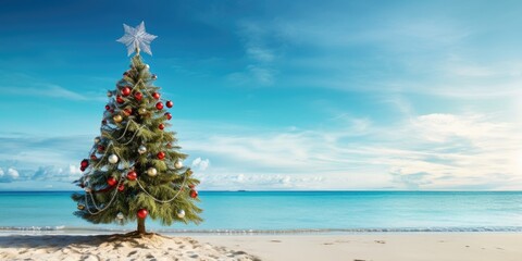 Beautiful decorated Christmas tree on the azure beach, Shot for a poster or postcard. Generative AI