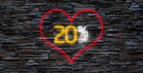 Message Neon 10%, 20%, 30% off text banner. Night Sign. Vector illustration.