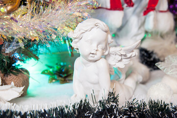 Christmas decorations with a white baby angel. 