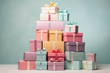 Tall stack of beautiful, colorful Christmas presents. Generative Ai