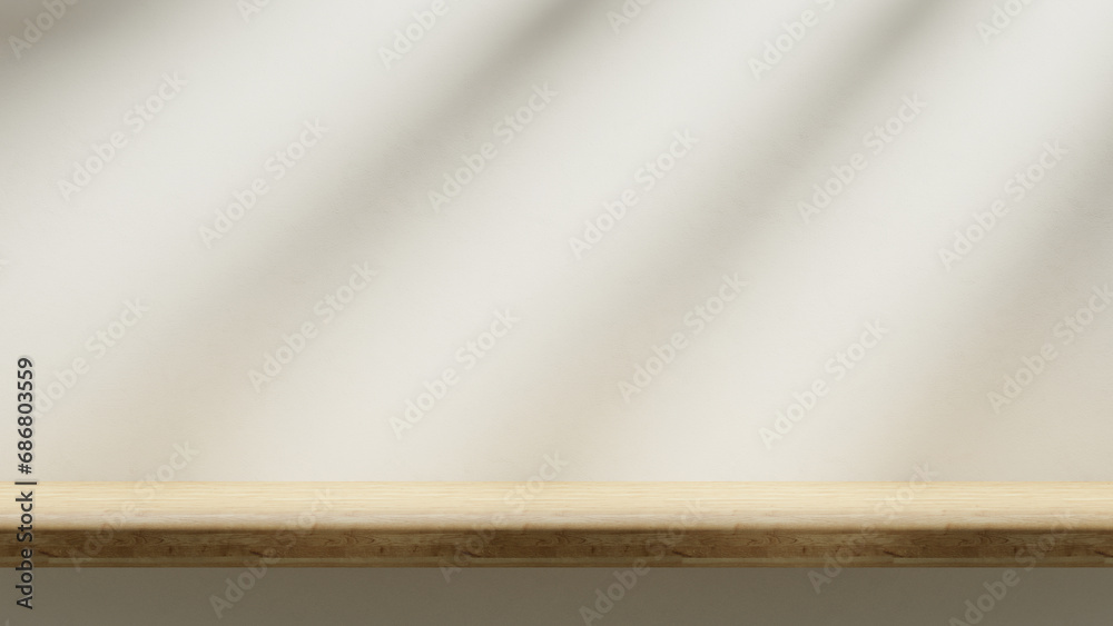 Aufkleber wooden countertop on the white cream color plaster backdrop with sunlight beams and spotlights, empt