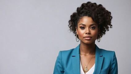 Stylish young Black woman with curly hair, wearing a blue blazer and hoop earrings on a grey background