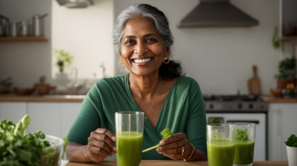 Healthy senior woman smiling while holding some green juice, healthy living concept, space for text
 - obrazy, fototapety, plakaty