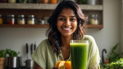 Healthy young woman smiling while preparing a detox green juice, healthy living concept
