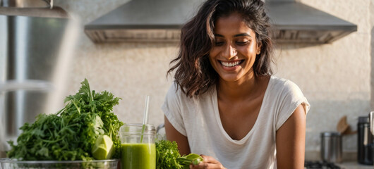 Healthy young woman smiling while preparing a detox green juice, healthy living concept, space for text
 - obrazy, fototapety, plakaty