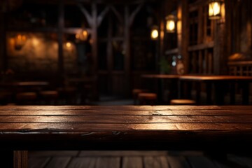 Fototapeta premium Gemütliches Restaurant Holztische Kerzenlicht Stimmungsvolle Beleuchtung Inneneinrichtung Gaststätte Rustikal Design Warme Atmosphäre