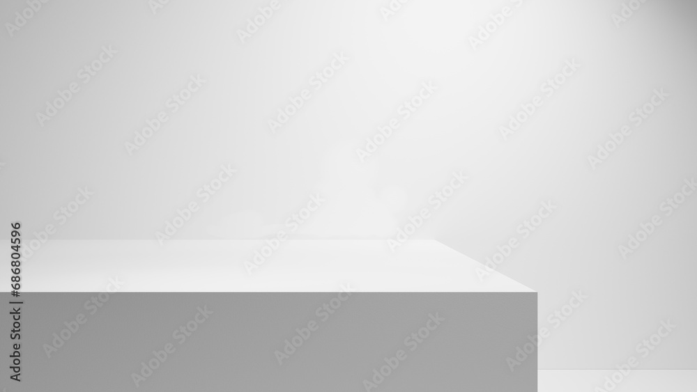 Poster White abstract empty blank table studio shot, empty table white podium with spotlight and bright minimal background, plaster bright white and gray wall and white table stage background