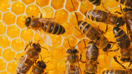Macro view of colony of bees working on honeycomb in beehive. Bees producing organic natural honey....