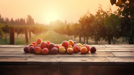 Wooden desk table with ripe peaches and orchard in the background. AI Generated