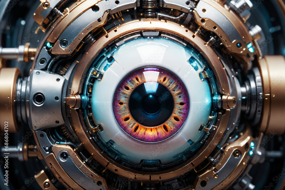 Poster artificial intelligence, mechanical cyborg eye suspended in the dark void