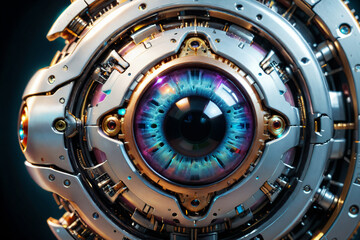 Artificial intelligence, mechanical cyborg  eye suspended in the dark void