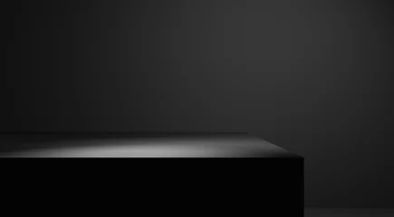 Gordijnen Black table background with spotlight and black wall, black empty dark minimal blank space, black abstract background podium stage geometrical form and plaster dark wall gradient, black stage podium © Hanna