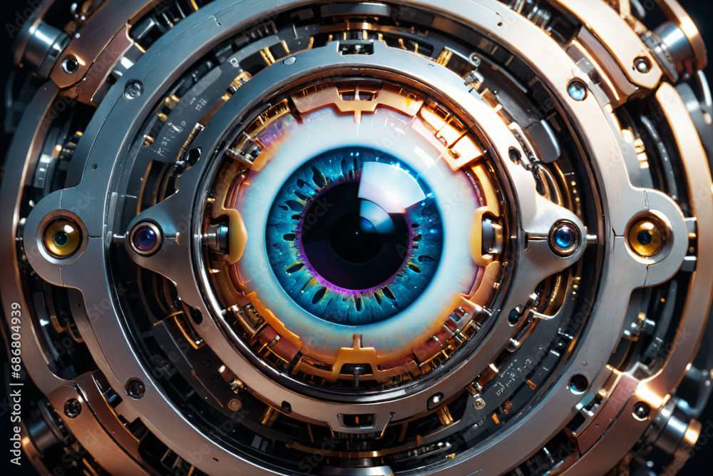 Poster artificial intelligence, mechanical cyborg eye suspended in the dark void
