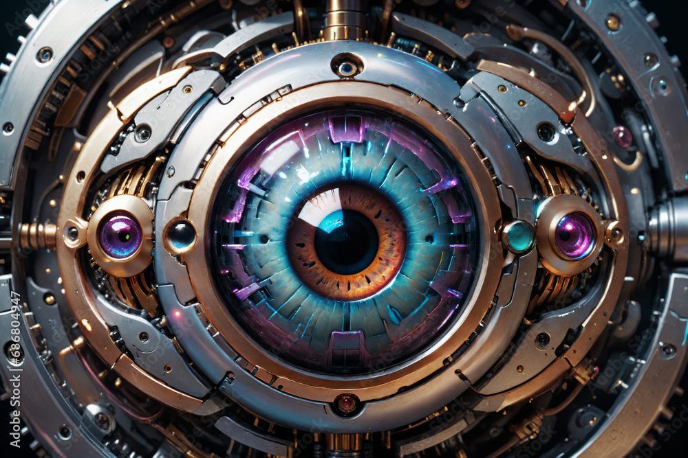Poster artificial intelligence, mechanical cyborg eye suspended in the dark void