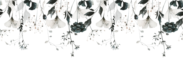 Watercolor painted floral seamless border of black, gray marigold, rose, ginko biloba, little wild flowers, leaves, branches. Hand drawn illustration. Watercolour artistic drawing.