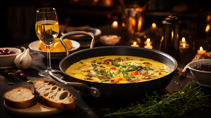 Food photography Boibes soup in a cast-iron saucepan with spices on a wooden table with glasses of sparkling white wine - obrazy, fototapety, plakaty