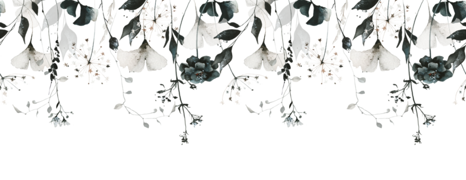 Watercolor painted floral seamless border of black, gray marigold, rose, ginko biloba, little wild flowers, leaves, branches. Hand drawn illustration. Watercolour artistic drawing.