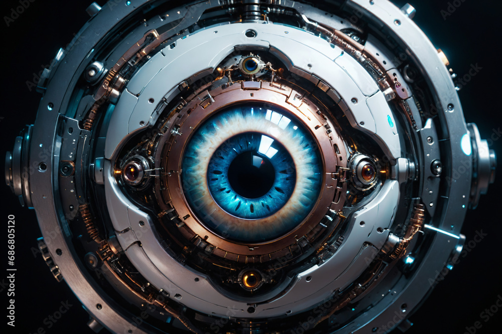 Poster artificial intelligence, mechanical cyborg eye suspended in the dark void