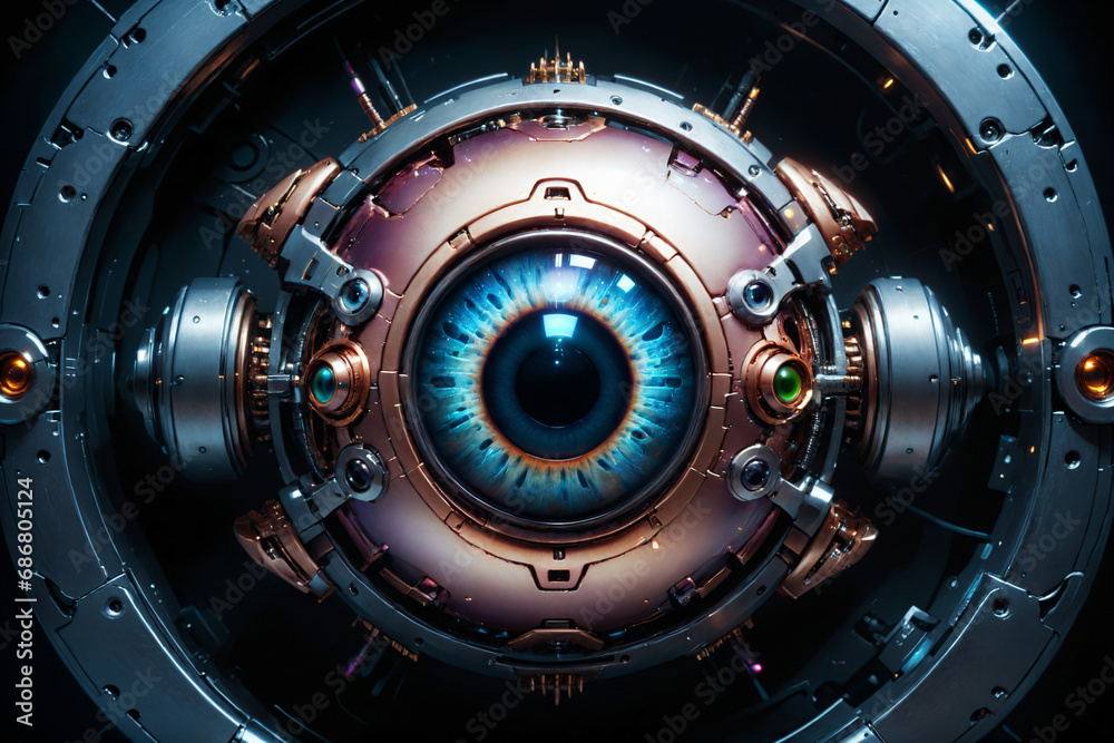 Poster artificial intelligence, mechanical cyborg eye suspended in the dark void