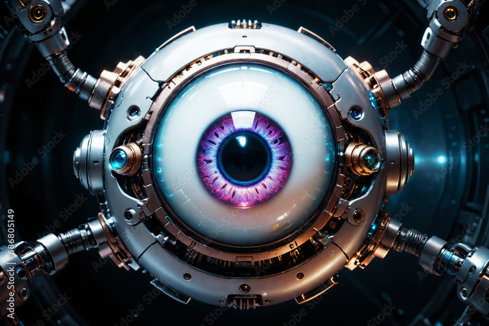Poster artificial intelligence, mechanical cyborg eye suspended in the dark void