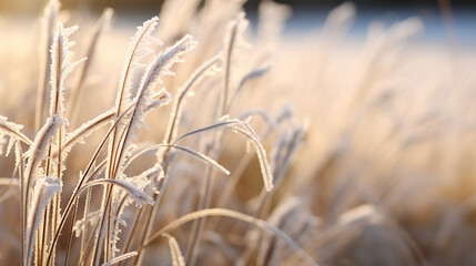 Nature's Lace: Frost delicately tracing the contours of grass stems, resembling intricate lacework against a soft background.