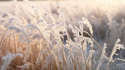 Hoarfrost Elegance: Thick hoarfrost on grass blades, creating a striking contrast between the white ice crystals and the muted tones of the surroundings.