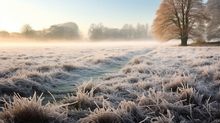 Frozen Symphony: A wide shot of an entire field covered in frost, with each grass blade playing a part in a winter symphony of texture and light.