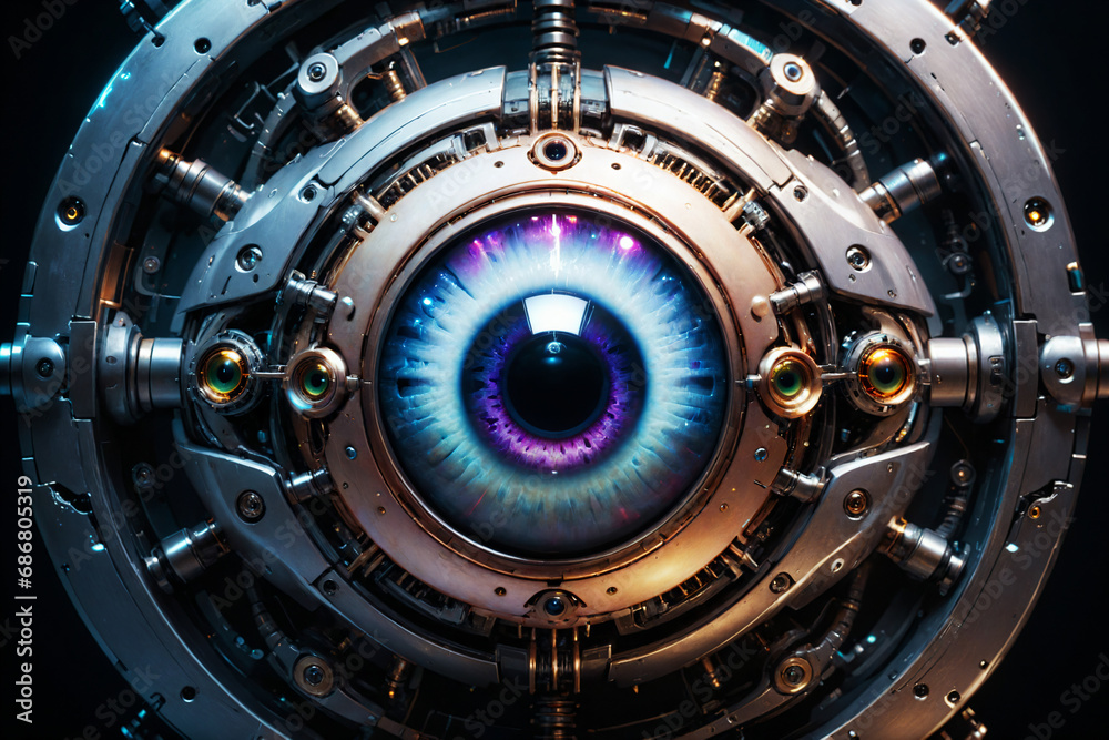 Poster artificial intelligence, mechanical cyborg eye suspended in the dark void