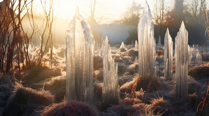 Crystal Garden: A garden covered in a layer of frost, with grass stems transformed into crystal sculptures, reflecting the morning light.