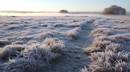 Frosty Wilderness: A vast winter landscape, with every blade of grass coated in frost, creating a serene and untouched wintry scene.