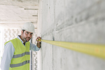 Architect metering a wall at construction site - obrazy, fototapety, plakaty