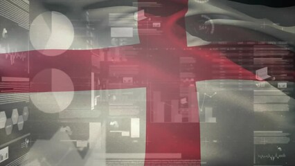 Animation of statistics and financial data processing over flag of england - Powered by Adobe