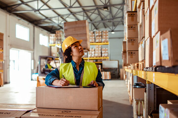 Woman writing inventory on clipboard in big warehouse