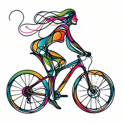 Cycling woman on white background, abstract line drawing