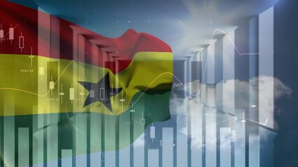 Animation of statistics and financial data processing over flag of ghana - Powered by Adobe