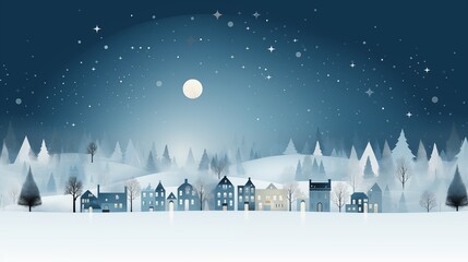 Fototapeta premium Icy Blue Winter Night Background: Minimalistic Geometric Design of a Tranquil Village amid Fields and Forest. Crisp Lines, Frozen Landscape, and Empty Space for Text. Serene Winter Background in Shade