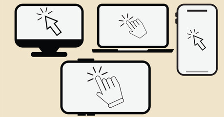  smartphone, laptop, computer, tablet icons with click here button. Click on the devices. Device icons with click cursor. Touch here for link to websites. Arrow with touch button. Touch, click