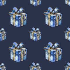 Seamless pattern blue gift box. Christmas gift celebration cards. Winter new year design. Watercolor Merry Christmas illustration