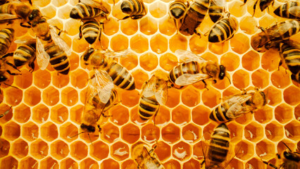 Close-up video of honeycombs with lots of bees creating organic honey. Hard-working bees making...