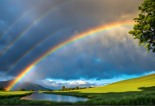 A rainbow on the meadow. landscape. Generative AI
