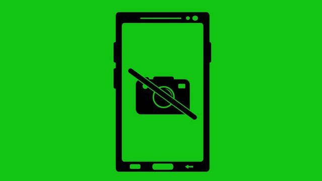 video animation black icon of smartphone or mobile phone, with its camera disabled. On a green chroma key background