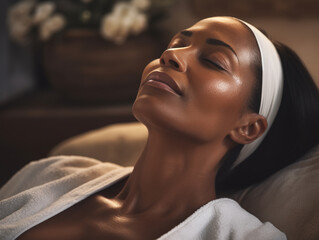 Fototapeta premium Beautiful mature black woman receiving facial treatment.
