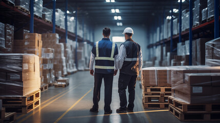 Professionals working together in a warehouse. Fulfillment, logistics, transportation background. 