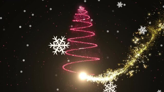 Animation of snow falling over shooting star and christmas tree