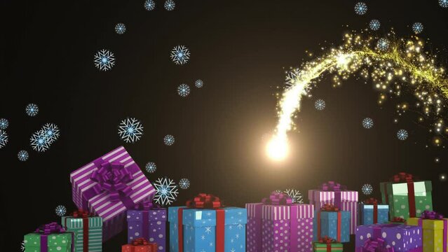 Animation of snow falling over shooting star and christmas presents