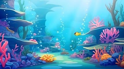 Fototapeta na wymiar Vibrant underwater cartoon scene, colorful coral reef, marine life, adventure, fantasy, illustration